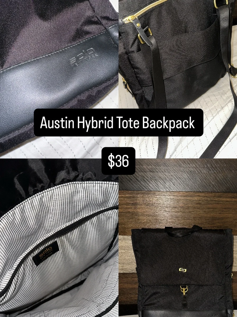 solo Austin Hybrid Tote Backpack - Black with Gold Hardware